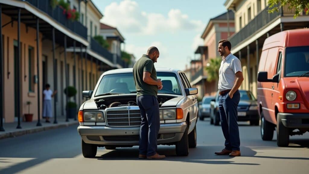 A professional mobile mechanic van with tools is parked nearby, and a mechanic in uniform is inspecting the engine. It's a sunny day with a hint of humidity in the air, showcasing a real-life emergency car repair scene in New Orleans.